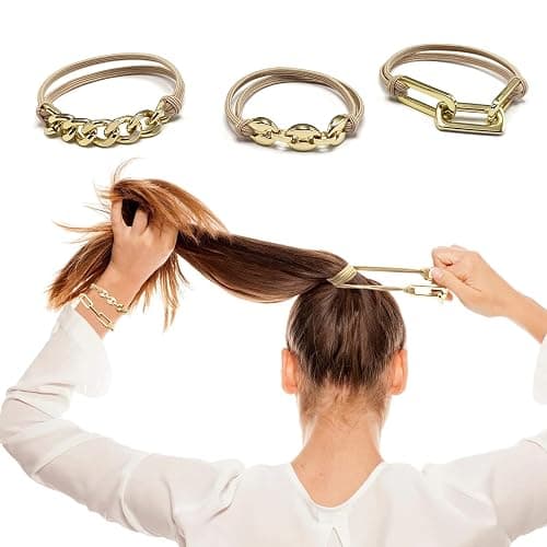 Bracelet Hair Ties for women - Ponytail Holders - Cute Hair Accessories with Gold Jewelry - Handmade Soft Elastic No Damage Scrunchies - Khaki thumbnail 7