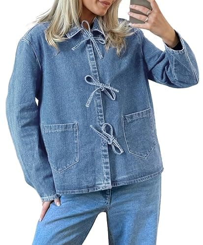 PLNOTME Womens Jean Jacket Tie Front Denim Shacket Tops Fall Fashion Long Sleeve Shirts Coat with Pockets - Image 1