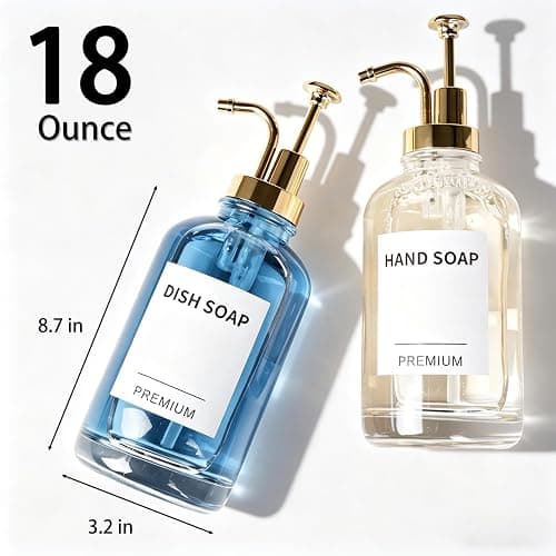 Dish Soap Dispenser for Kitchen, Hand Glass Soap Dispenser Set with Pump, Tray, Funnel for Bathroom, Shower, Laundry, Liquid, Lotion (Gold 2 Pack 18 Oz Clear Bottles with 12 Stickers) thumbnail 3