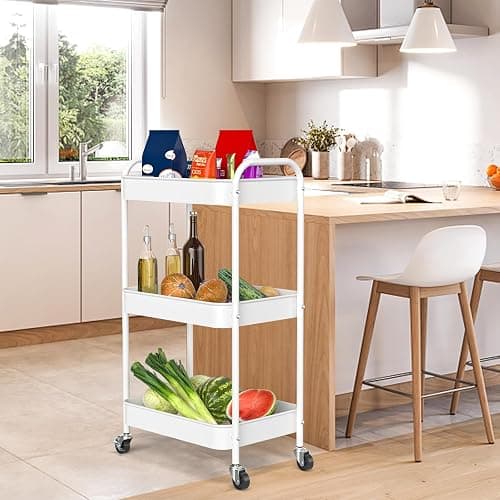 PNVXNUS 3-Tier Rolling Metal Storage Cart with Wheels, Multi-Functional Organizer for Office, Kitchen, Bathroom, Books Diapers - Easy Assembly (White) thumbnail 2