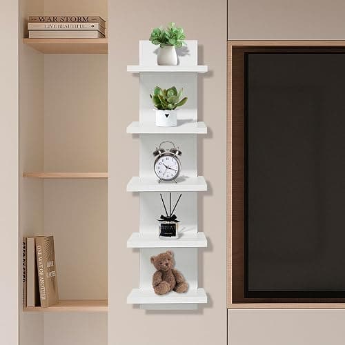 wdbg 5 Tier Shelves for Wall, Decorative Wall Mounted Vertical Shelving Column Decor 30 Inch H Mounted Floating Storage Organizer Natural Finish Wall Shelf for Living Room, Bedroom, Bathroom - Image 1