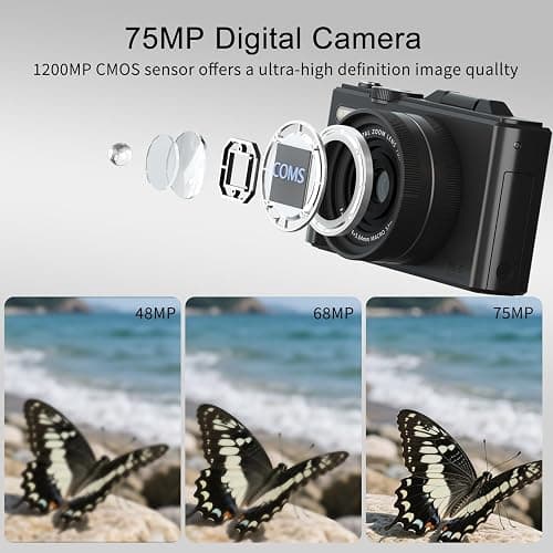 FLATIC Digital Camera, 5K 75MP Cameras for Photography with WiFi & 64GB TF Card, Autofoucs Vlogging Camera for YouTube with 180° Flip Screen, Compact Vlog Travel Camera Kit for Beginner, Teens (Black) thumbnail 3