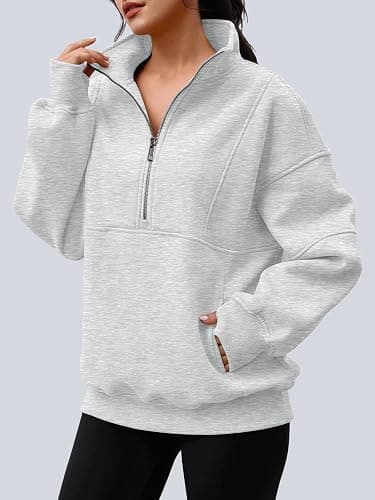 AUTOMET Women's Quarter Zip Oversized Sweatshirt Fleece Mock Neck Pullover | Half Zip, Pockets, Thumb Hole, Teen Oversized Hoodie, Pullover Fleece Jacket, Fall Clothes, Cozy Winter Outfits thumbnail 2