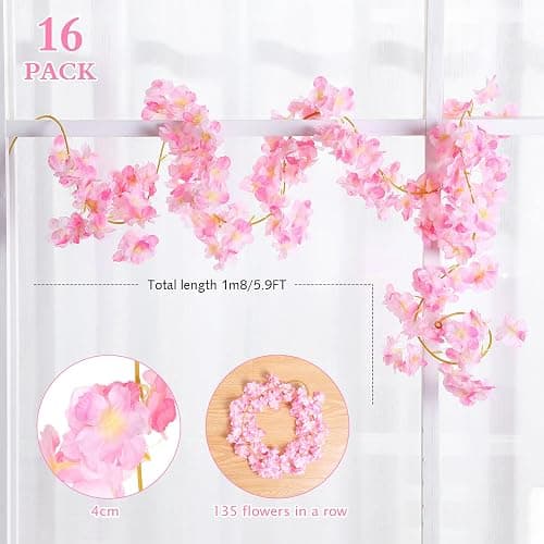 Nuenen 16 Pack 94.4ft Artificial Cherry Blossom Vines Cherry Blossom Flower Garland Hanging Silk Cute Room Decor for Japanese Kawaii Bedroom Party Wedding Spring Home Decorations (Pink) thumbnail 4