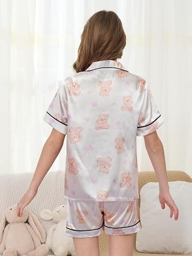 MyFav Girls Pajama Set Short Sleeve Button Down Silky Satin Girls PJS Kids Sleepwear Summer Nightwear Loungewear Set thumbnail 4