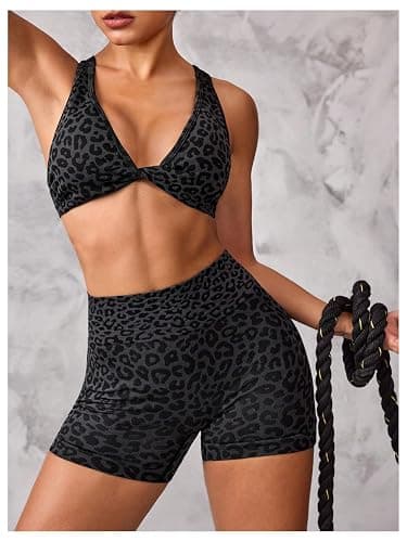 BEAUDRM Women's 2 Piece Leopard Print Athletic Outfits Criss Cross Sports Bra and Biker Shorts Gym Tracksuits thumbnail 4