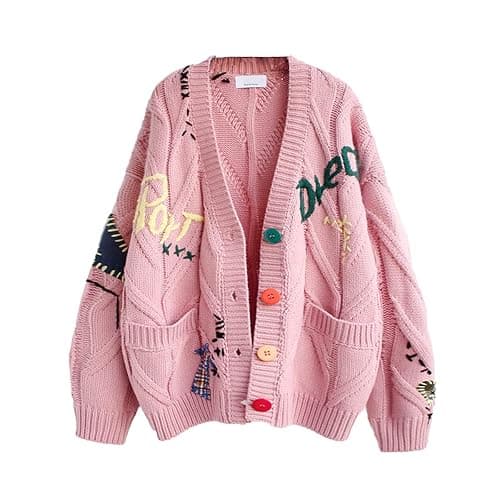 Women's Cable Knit Long Sleeve Open Front Cardigan Sheep V-Neck Button Down Embroidery Wool Blend Sweater Coat Outwear - Image 1