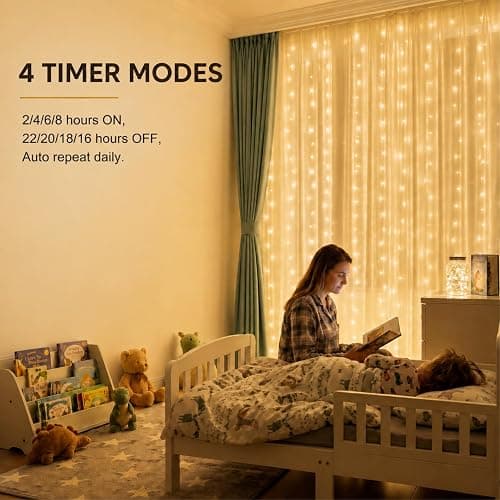 ZSJWL 300 LED Curtain Fairy Lights with Remote, 9.8 × 9.8 Ft, USB Plug in | 8 Modes, Waterproof, Twinkle Silver Wire, String Lights for Bedroom, Windows, Christmas, Wedding and Party Decor, Warm White thumbnail 3