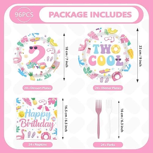 96Pcs Two Cool Pool Party Decorations Pink Swimming Flamingo Pool 2nd Birthday Plates and Napkins Splish Splash 2nd Birthday Decoration for Girls Baby Shower Two Years Old Summer Beach Party Supplies thumbnail 6