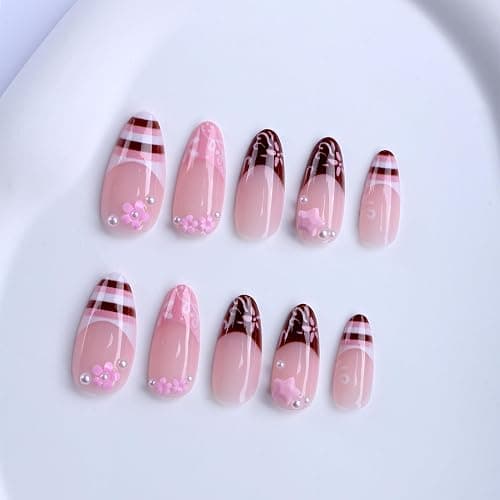 octoswave Long Almond Press on Nails Pink Fake Nail for Women Girls 24Pcs | 3D Floral Star Design Artificial Nail for Party Vacations thumbnail 2