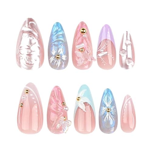 XZMeiLun Handmade 3D Flower Butterfly Blue Pink Press On Nails Almond Medium, Floral Pearl French Tip Designer Reusable Acrylic Fake Nails With Cute Charms Glue On Nails, Daily Wear Nails For Women thumbnail 2