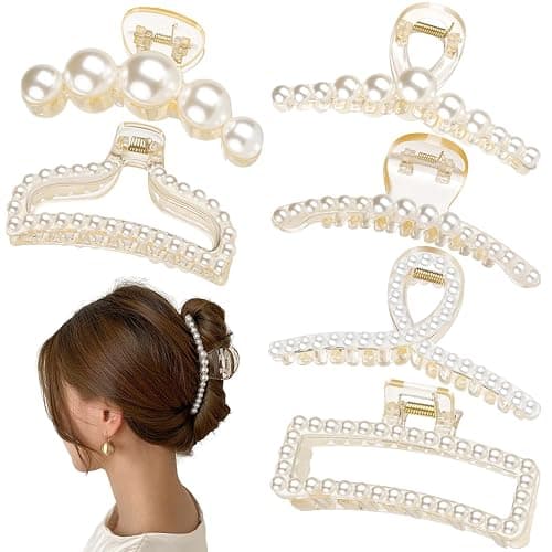 Leezmark Pearl Hair Claw Clips, Large Barrettes for Thin, Thick, Curly or Long Hair, White Jaw Clips Hair Accessories for Women and Girls - Image 1