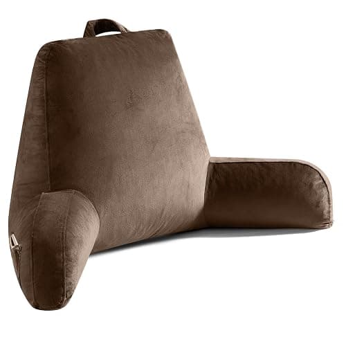 OAISZ Reading Pillow for Sitting in Bed Adult, Reading Pillow with Shredded Memory Foam, Back Pillow for Bed Sitting Up with Extend Arms, Pockets, Bed Pillow with Washable Cover,Brown, X-Large - Image 1