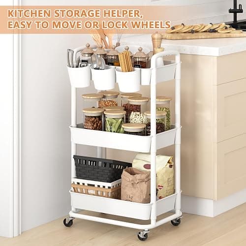 JIUYOTREE 3-Tier Plastic Rolling Storage Cart Utility Cart with Extra Hanging Cups Handles Lockable Wheels for Living Room Bathroom Kitchen Office White thumbnail 3