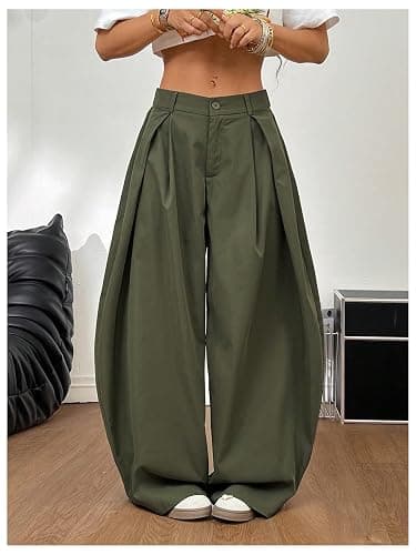 GORGLITTER Women's Baggy Barrel Pant Low Rise Pleated Cargo Oversized Wide Leg Business Dress Casual Trousers thumbnail 4