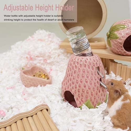 Deapeey Adjustable No-Drip Pink Strawberry Ceramic Hamster Water Bottle | 80ML,2-in-1 Drinking Station and Stable Hideout for Glass Tanks with No-Drip 2 Caps,Fits Hamsters, Gerbils & Small Pets thumbnail 2