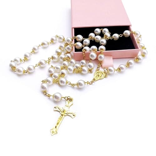 Rosary Beads Catholic for Women Girls, First Holy Communion Rosary Gifts for Girls Catholic, Gold White Rosary Necklace for Women Imitation Pearl Beads Necklace Rosarios Catolicos thumbnail 2