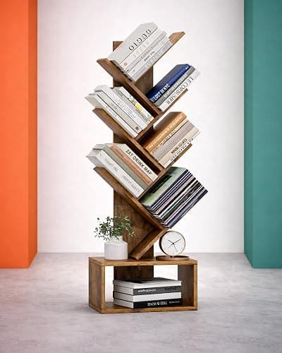 6 Tier Tree Book Shelf - Small Bookshelf Decor, Corner Bookshelf, Living Room Storage, Tall Narrow DVD & CD Shelf Storage Bookshelves, Comic Bookcases Standing for Bedroom or Office, Rustic Brown thumbnail 2