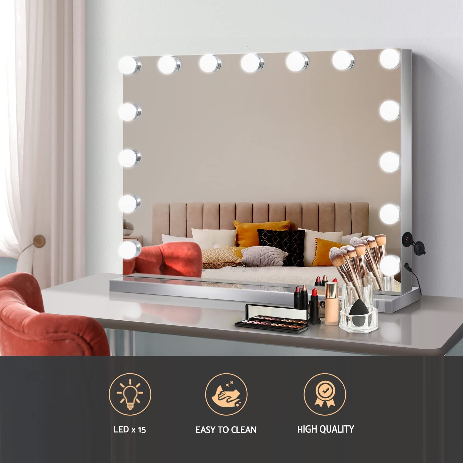 Embellir Hollywood Makeup Mirror with Lights 15 Led Lighted Vanity Mirrors Wall Mounted Cosmetic Beauty Dressing Illuminated Glam Studio Professional Artist Adjustable Magnifying Backlit Modern thumbnail 2