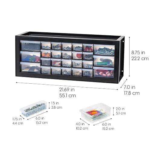 IRIS USA Plastic Storage Drawers, 26-Drawer, Stackable Teacher Toolbox, Small Parts Organizer Cabinet for Sticker Crayon Marker Bead Balloon Building Bricks Tool Hardware, Garage Storage Bins, Black thumbnail 3