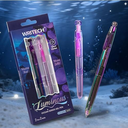 WRITECH Gel Pens Medium Point: Luminous pen set 0.7mm, Black Ink, Includes 2 Pens and 2 Refills, Silent Clicker, Smooth Writing for School Office & Everyday Use thumbnail 2