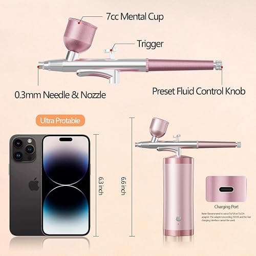 Wireless Cordless Airbrush Kit with Portable Rechargeable Air Compressor, Dual Action Air Brush Spray Gun Ideal for Nail Art, Barber Hair Dye, Face Makeup, Model Painting, Cake Decorating & DIY Crafts thumbnail 2