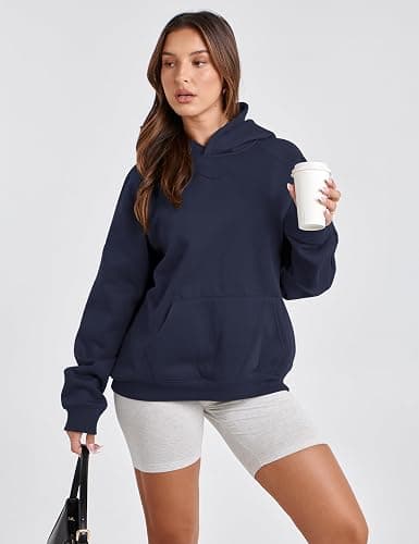 Lauweion Women Solid Basic Fleece Letter Loose Hoodie Sweatshirt Long Sleeve Kangaroo Pocket Drop Shoulder Pullovers Top - Medium - Navy thumbnail 4
