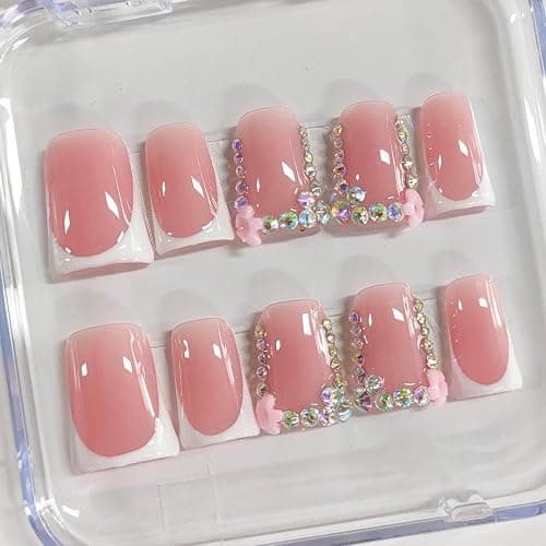 Handmade Press on Nails Short Duck White French Tip Thick Acrylic Fake Nails 3D Floral False Nails with Rhinestones Pink Flower Designs Elegant Sturdy Nail Art Press on Nails 10Pcs(S) thumbnail 2