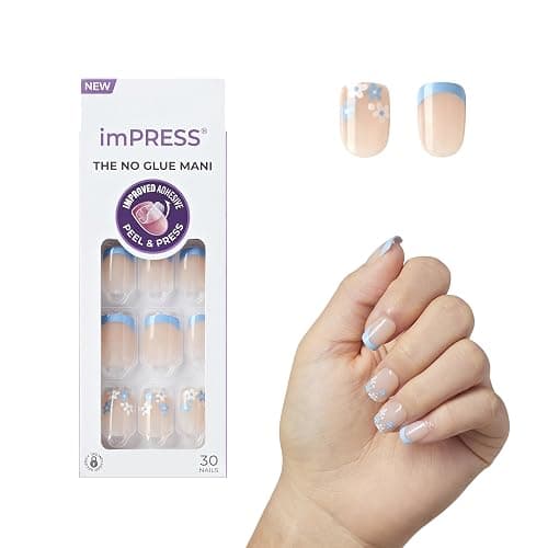 KISS imPRESS No Glue Mani Press On Nails, French, 'Snooze', Blue, Short Size, Squoval Shape, Includes 30 Nails, Prep Pad, Instructions Sheet, 1 Manicure Stick, 1 Mini File - Image 1