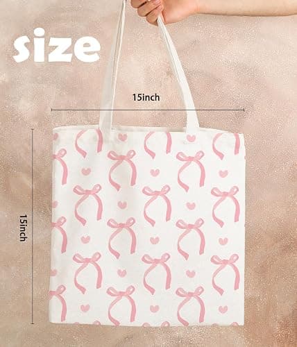 Zeghk Coquette Pink Bows Preppy Canvas Tote Bag Aesthetic for Women, Pink Tote Bag, Coquette Bag, Preppy Stuff, Trendy Gifts for Women, Shopping Bags thumbnail 4