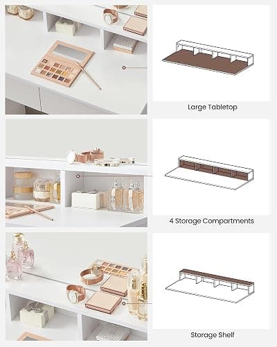 VASAGLE Vanity Desk with Mirror and Lights, Makeup Vanity with Large Mirror, LED Lights with Adjustable Brightness, Vanity Table, 2 Drawers, 3 Compartments, Modern Makeup Desk, Cloud White URDT120T14 thumbnail 7