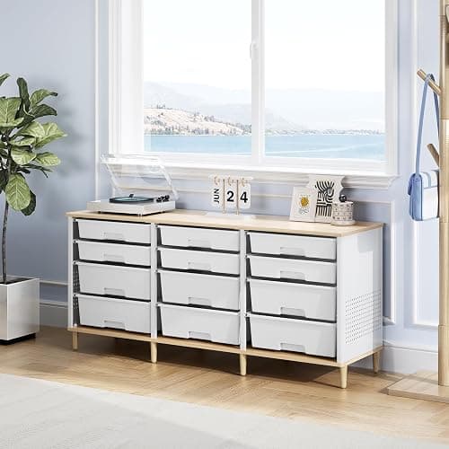 12 Drawers Storage Cabinet with Wooden Top and Plastic Bins, Toy Shelf Storage Chest Cubby Organizer for Home, Office, Playroom, Classroom & Craft Room Storage (White) thumbnail 2