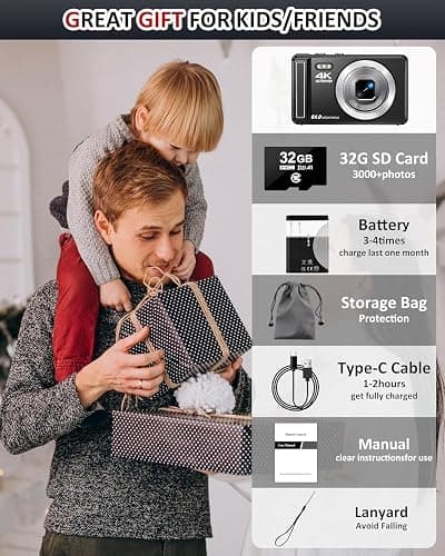 4K Digitalkamera,2.8 Zoll 64MP UHD Fotokamera mit 32-GB-Karte, 1200mAh Akku, 16-facher Digitalzoom Autofokus Kompaktkamera für Kinder Anfänger Teenager thumbnail 7