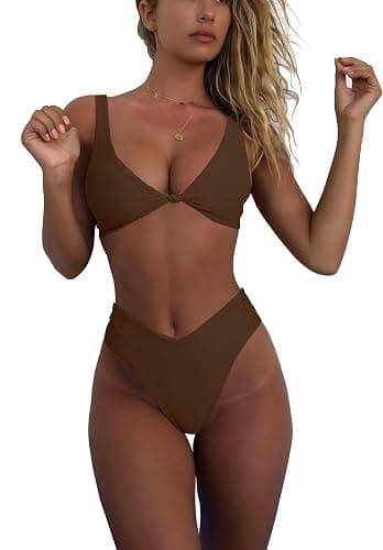 geluboao Bikini Set for Women Solid V Neck Knot Front Push Up High Leg Thong Two Piece Swimsuit - Image 1