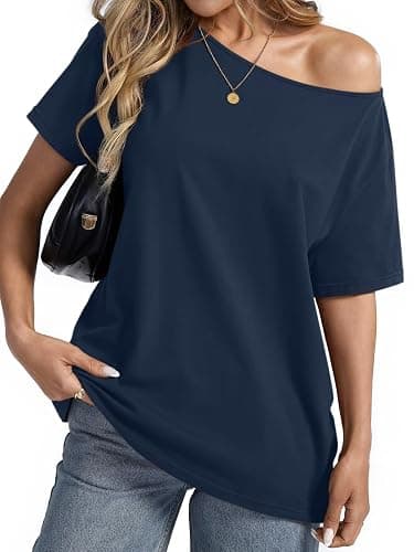 EasyGala Womens Cotton Off The Shoulder Tops Oversized Short Sleeve T-Shirts Casual Summer Tees Trendy Clothes 2025 thumbnail 4