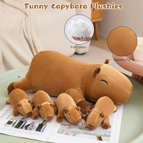TOYSYM Capybara Plush Cute Capybara Stuffed Animal Pillow with 4 Baby Plushies in Her Tummy, Soft Cotton Stuffed Animals Toy Gifts for Kids thumbnail 9