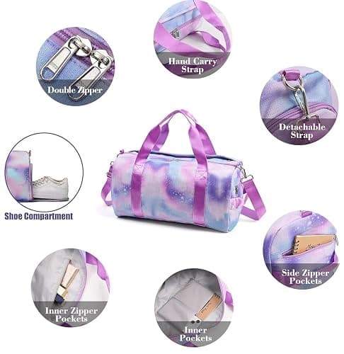 Teens Women Travel Bagwith Shoe Compartment & Wet Compartment Swimming Bag, Children's Girls Travel Bag for Gymnastics Swimming Cute Colourful Dance Bag Rainbow Pattern Sports Bag, Purple, thumbnail 6