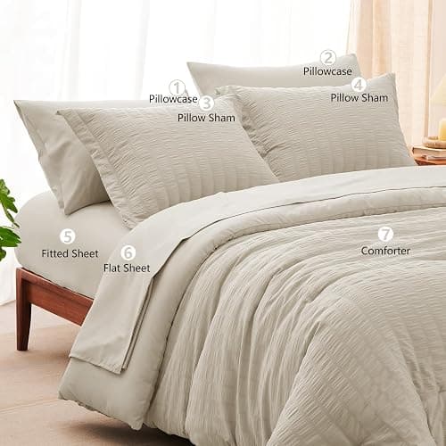 CozyLux Queen Comforter Set Oatmeal Seersucker 7 Pieces Bed in a Bag Queen Comforter Set with Sheets Luxury Soft Bedding Set with Down Alternative Comforter, Sheets, Pillowcases & Shams for All Season thumbnail 8