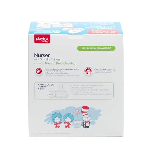 Playtex Baby Dr. Seuss Newborn Gift Set with 5 Nurser Bottles (3X 4Oz, 2X 8Oz), 2 Binky Pacifiers, 60 Drop-Ins Liners & Bib, Bottles for Newborn and Breastfeeding Babies, Feeding Essentials thumbnail 7