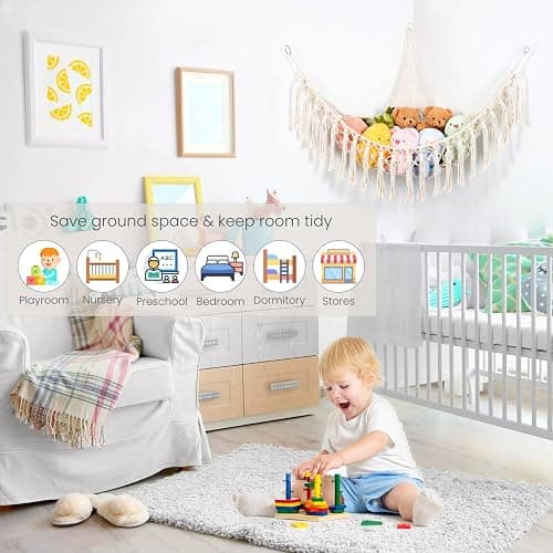 20 Color Change Stuffed Animal Hammock 75LEDs, 55in Extra Large Storage Macrame Hammock with 44-Key Remote, USB Hanging Plush Animal Net for Kids Bedroom Doll Room Corner Organizer (20 Colors, XL) thumbnail 7