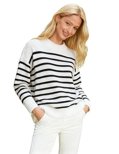 Majdan Womens Oversized Striped Sweater Crew Neck Long Sleeve Ribbed Knit Pullover Fall Casual Daily Wear 2025 - Image 1