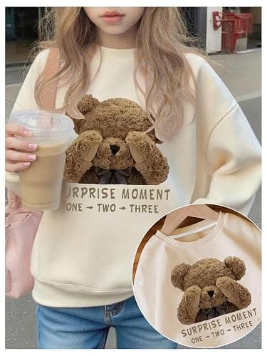 BEAUDRM Girl's Cute Bear Graphic Sweatshirt Crew Neck Long Sleeve Pullover Sweatshirts Streetwear thumbnail 5