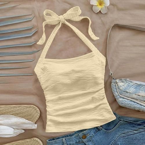 Wome's Ruched Halterneck Y2K Crop Tops Tie Back Sleeveless Slim Fit Cami Top Teen Girls Textured Square Neck Shirts thumbnail 2