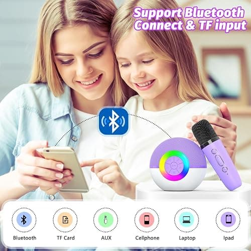 goopow Mini Karaoke Machine Speaker for Kids Adults, Portable Bluetooth Microphone Song Toys with LED Light, Best Chritmas Birthday Festival Gift for 3 4 5 6 7 8+ Year Old Girls Boys (Purple-2MIC) thumbnail 6
