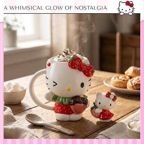 Blue Sky Clayworks Hello Kitty Strawberry Mug & Figurine Set, Ceramic, 7" L x 4" W x 7" H, Berry-Sweet Cocoa Pair thumbnail 2