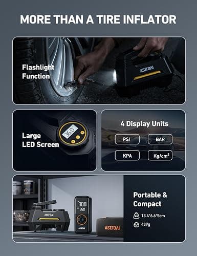 AstroAI AIRUN H Tire Inflator Portable Air Compressor,Fast Inflation Electric Air Pump for Car Tires-Car Accessories,9.8Ft Cord-12VDC-Powered Auto Shut-Off with Digital Pressure Gauge,LED Light,Yellow thumbnail 8