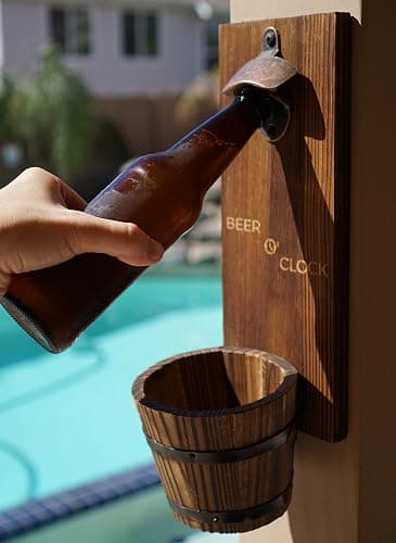 Thirsty Solutions - “Beer O’ Clock” Rustic Wall Mounted Bottle Opener and Catcher - Dark Stain Pine with Zinc Alloy Opener - Removable Wooden Bucket - Man (or Woman) Cave Ready thumbnail 2