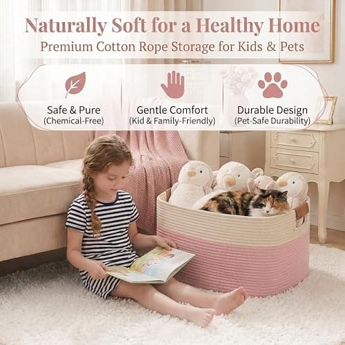 danpinera Large Woven Basket 25’’*16’’*16’’ Rectangle Woven Baskets for Storage, Storage for Living Room, Soft Cotton Rope Basket With Handle, Large Basket for Kids Dog Toys, 108L Pink+White thumbnail 3