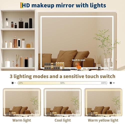 Makeup Vanity Desk with Smart LED Mirror & Charging Station, Large 48" Fluted Wood White Vanity Desk with Power Outlets and USB Ports Modern Glass Top with 5 Storage Drawers Dressing Table for Bedroom thumbnail 5
