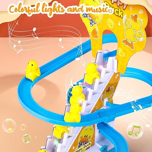 Zuimei 9Pcs Electric Duck Climbing Stairs Racer Track With LED Flashing Lights and Music, Slide Rollercoaster Set for Kids Boys Girls, Yellow thumbnail 7